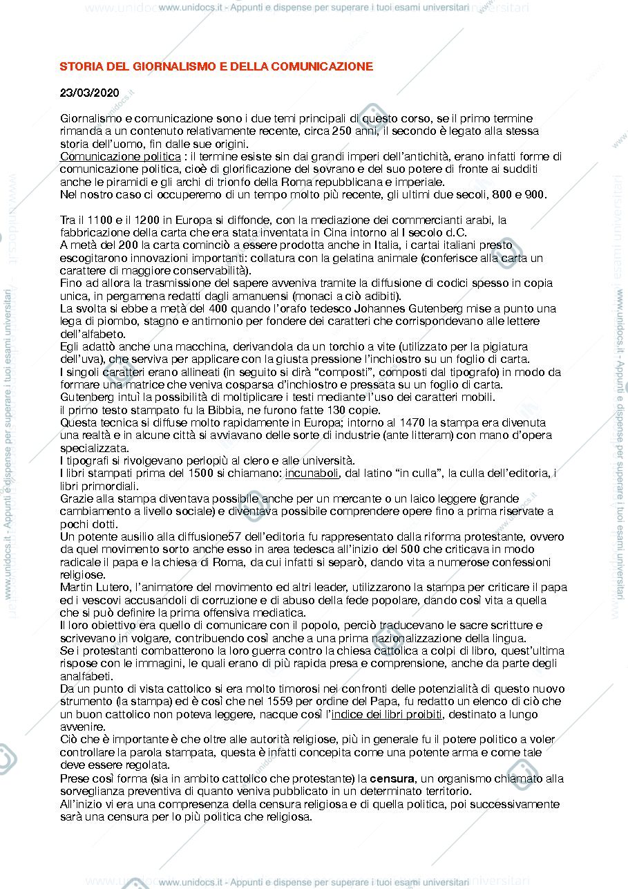 Anteprima pagina 1 — Appunti storia del giornalismo 