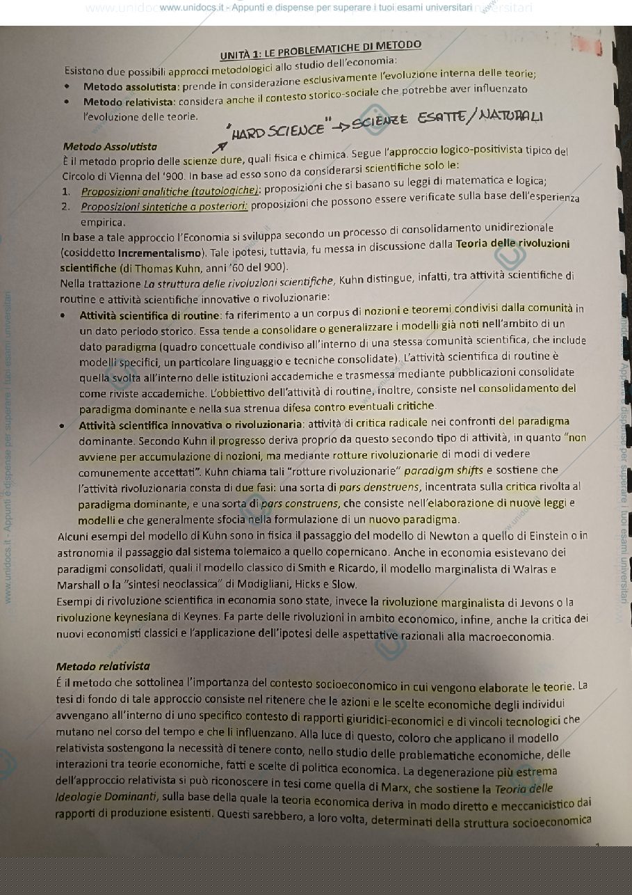 Anteprima pagina 1 — Prima Unità Storia del Pensiero Economico 
