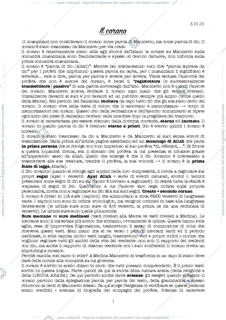 Anteprima pagina 1 — APPUNTI STORIA DEL PENSIERO ISLAMICO