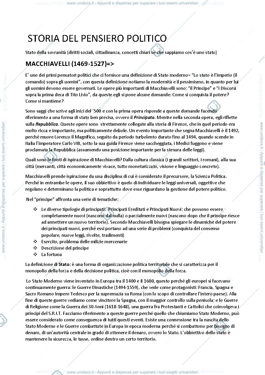 Anteprima pagina 1 — STORIA DEL PENSIERO POLITICO 