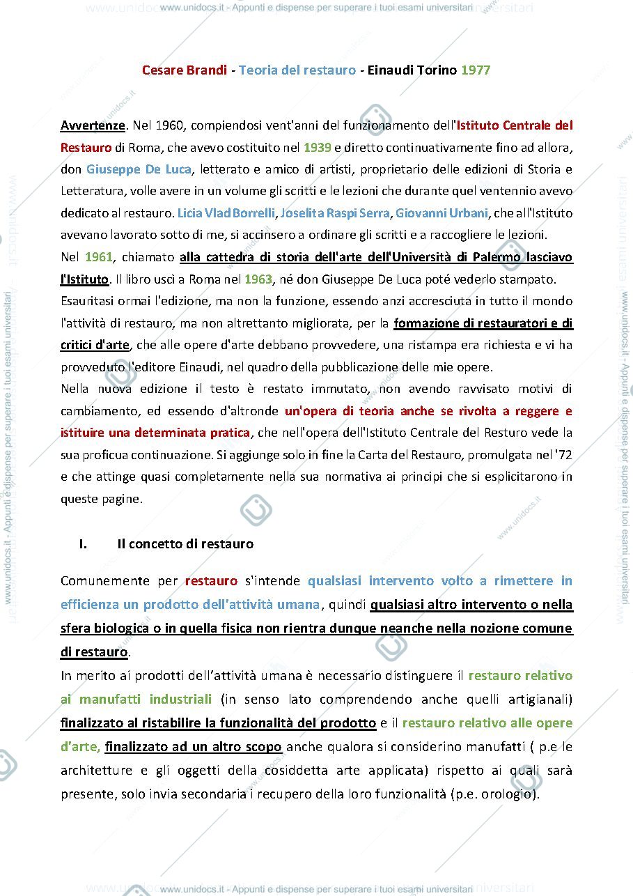 Anteprima pagina 1 — Cesare Brandi, La teoria del Restauro