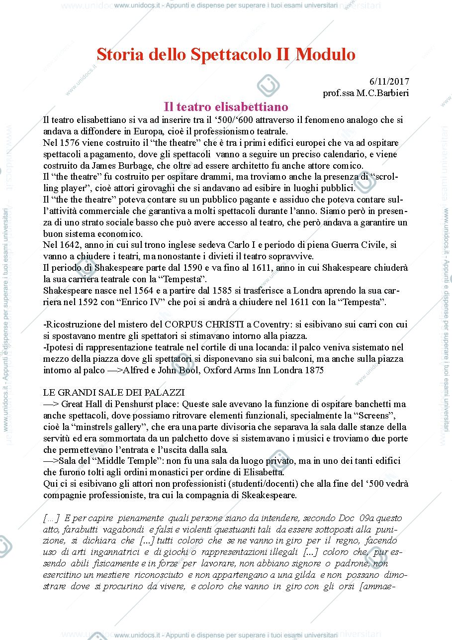 Anteprima pagina 1 — Storia del Teatro e dello Spettacolo Modulo 2