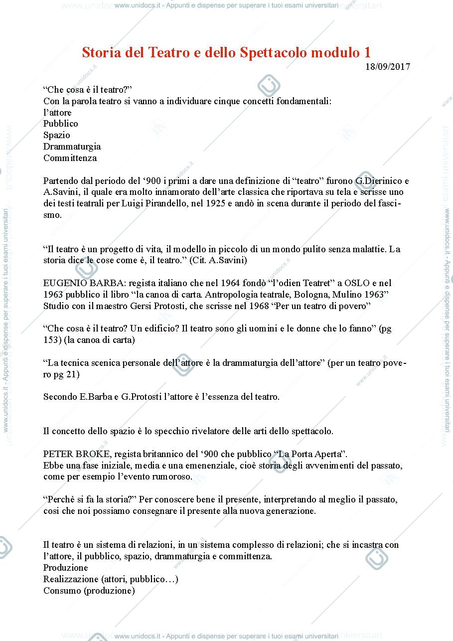 Anteprima pagina 1 — Storia del Teatro e dello Spettacolo Modulo 1