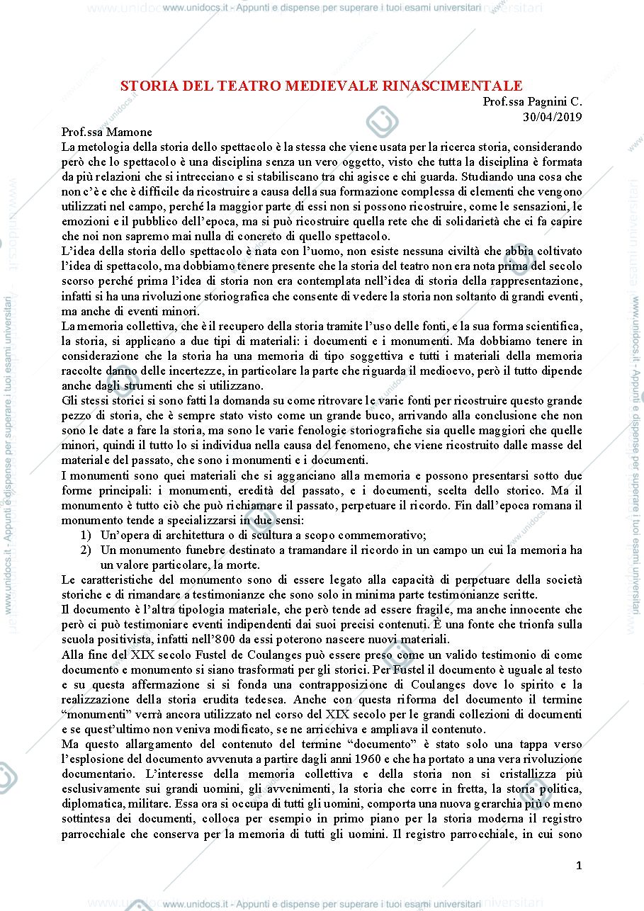 Anteprima pagina 1 — Storia del teatro medievale e rinascimentale