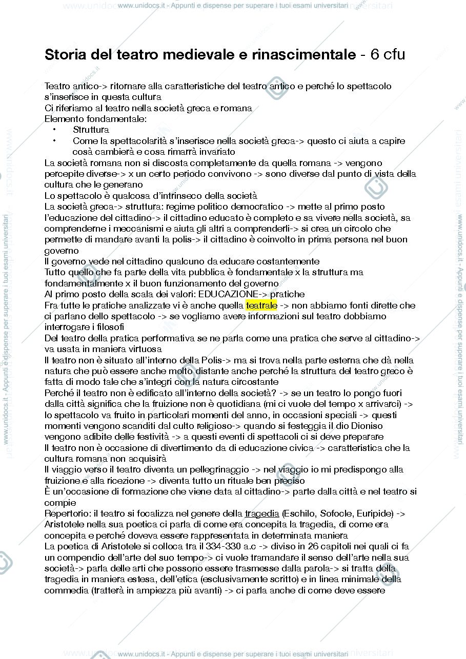 Anteprima pagina 1 — Appunti lezioni storia del teatro moderno e contemporaneo