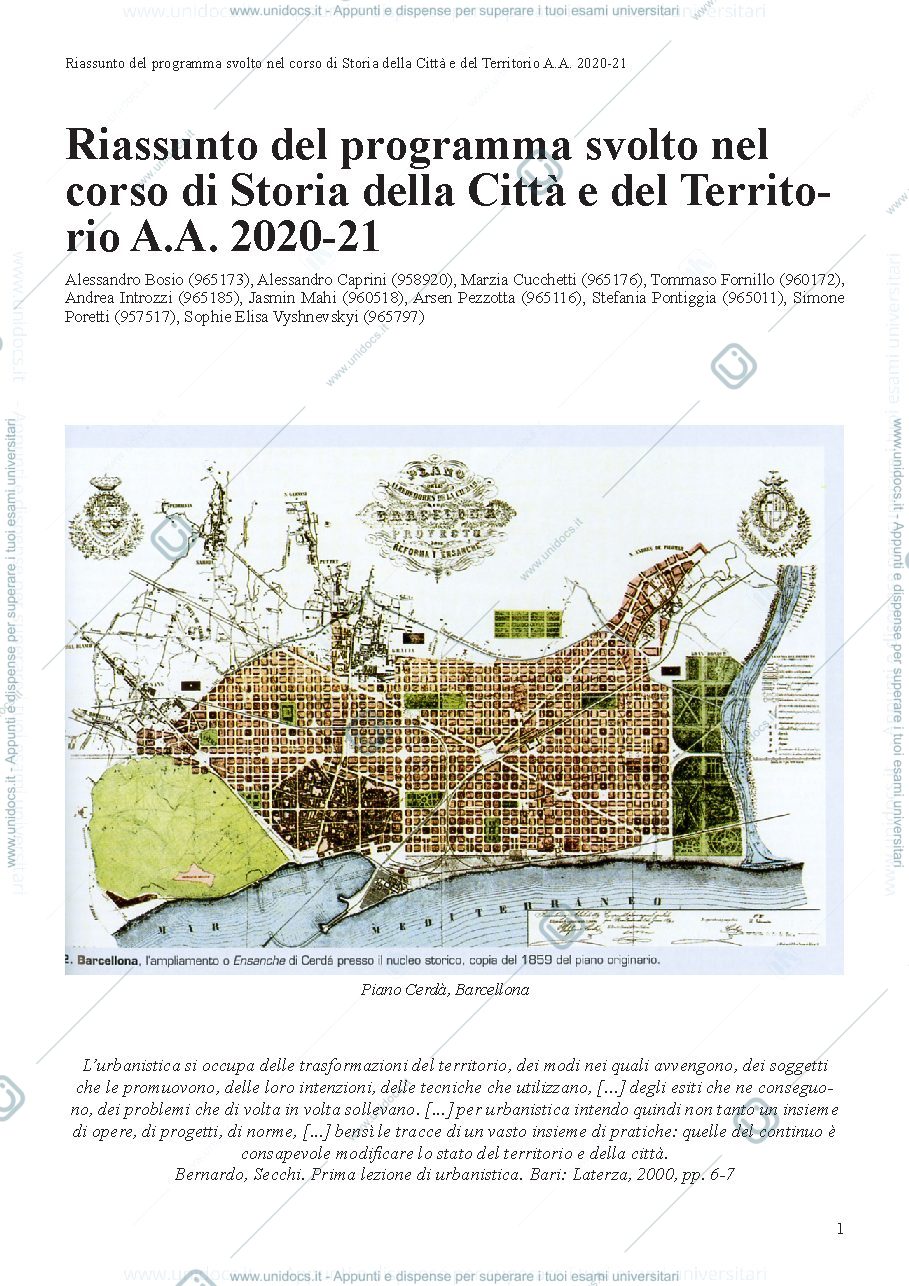 Anteprima pagina 1 — Riassunto generale del corso di Storia della città e del territorio, Politecnico di Milano