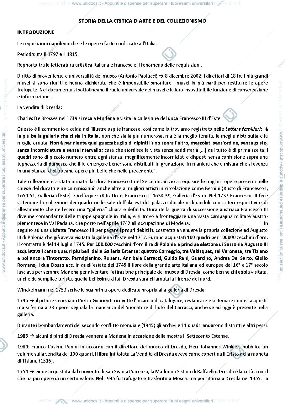 Anteprima pagina 1 — Storia della critica d'arte e del collezionismo - Le requisizioni napoleoniche