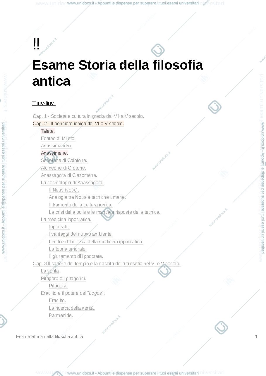 Anteprima pagina 1 — Riassunto per esame di storia della filosofia antica