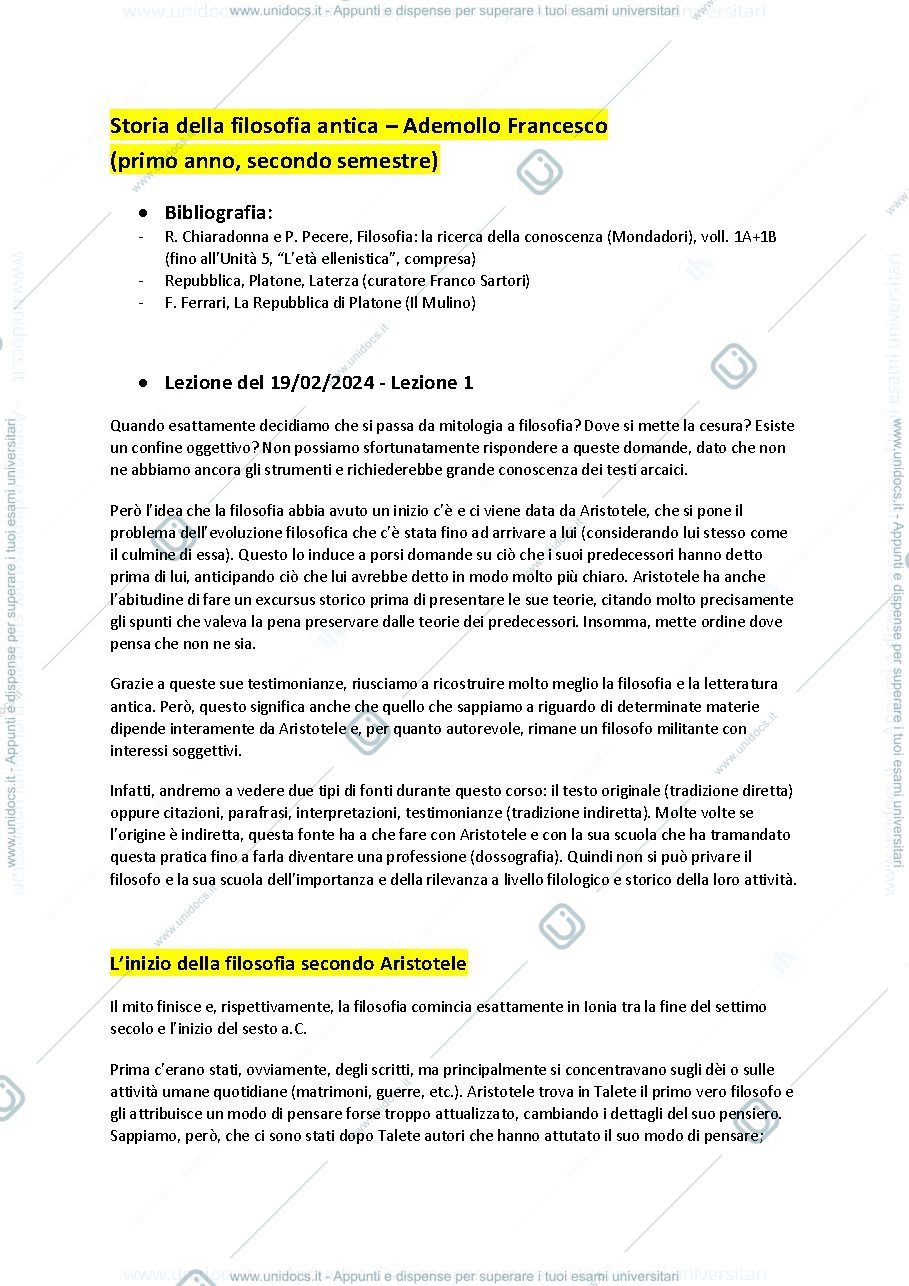 Anteprima pagina 1 — Appunti Storia della filosofia antica