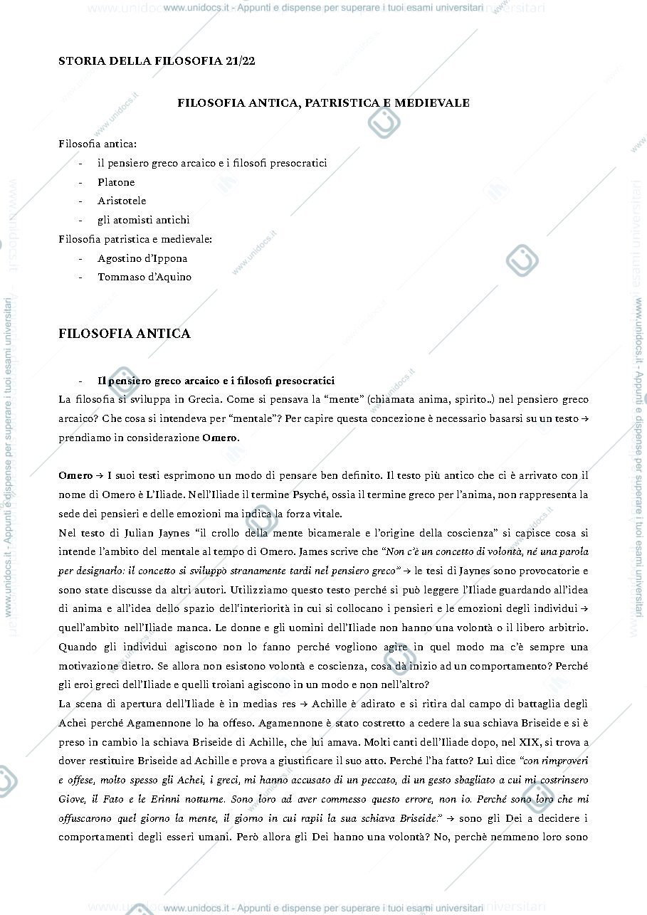 Anteprima pagina 1 — Storia della filosofia: filosofia antica, patristica e medievale. 