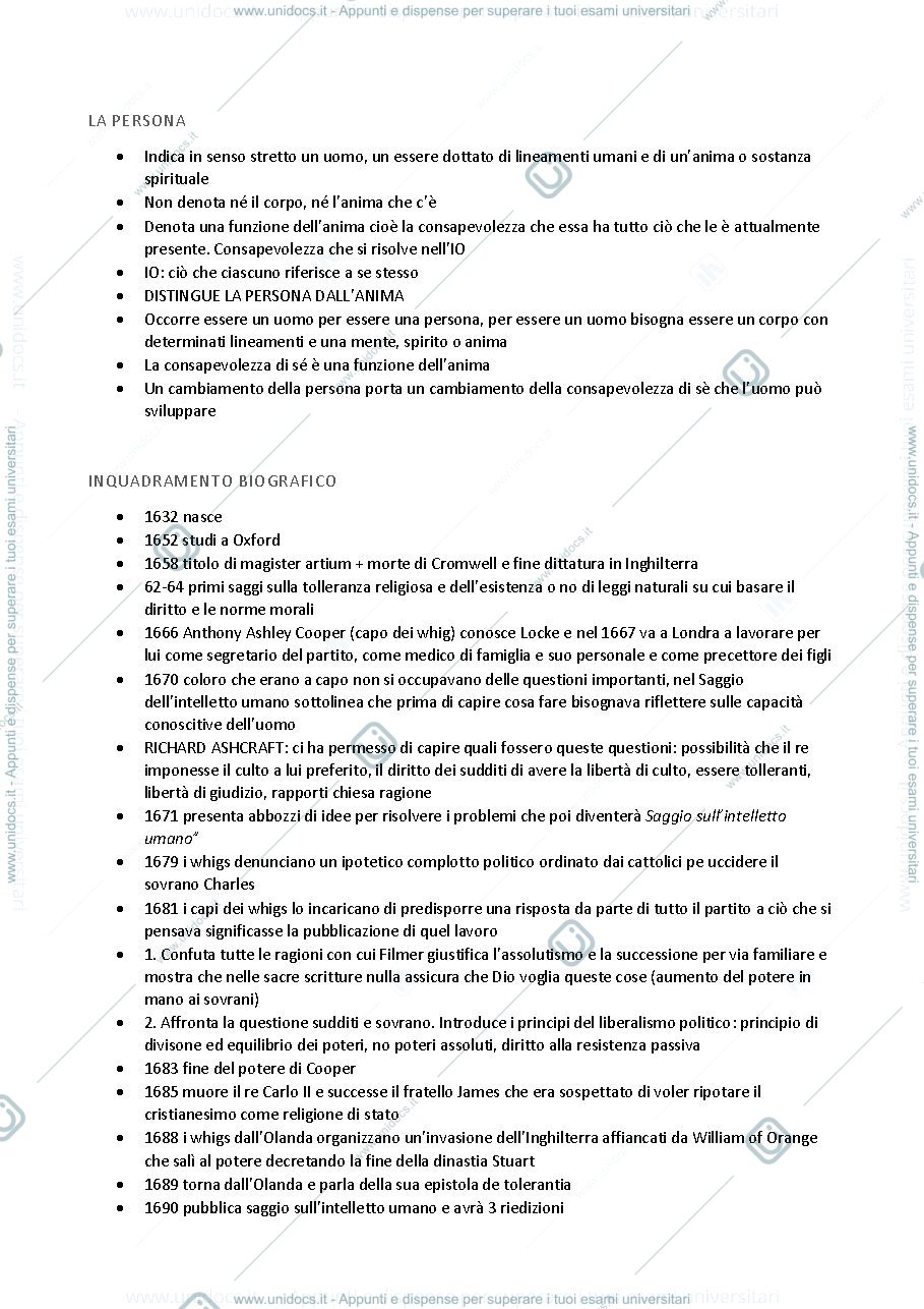 Anteprima pagina 1 — appunti presi a lezione del filosofo Locke