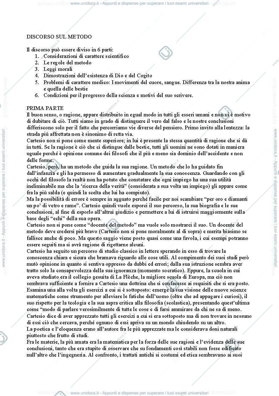 Anteprima pagina 1 — Discorso sul Metodo, riassunto