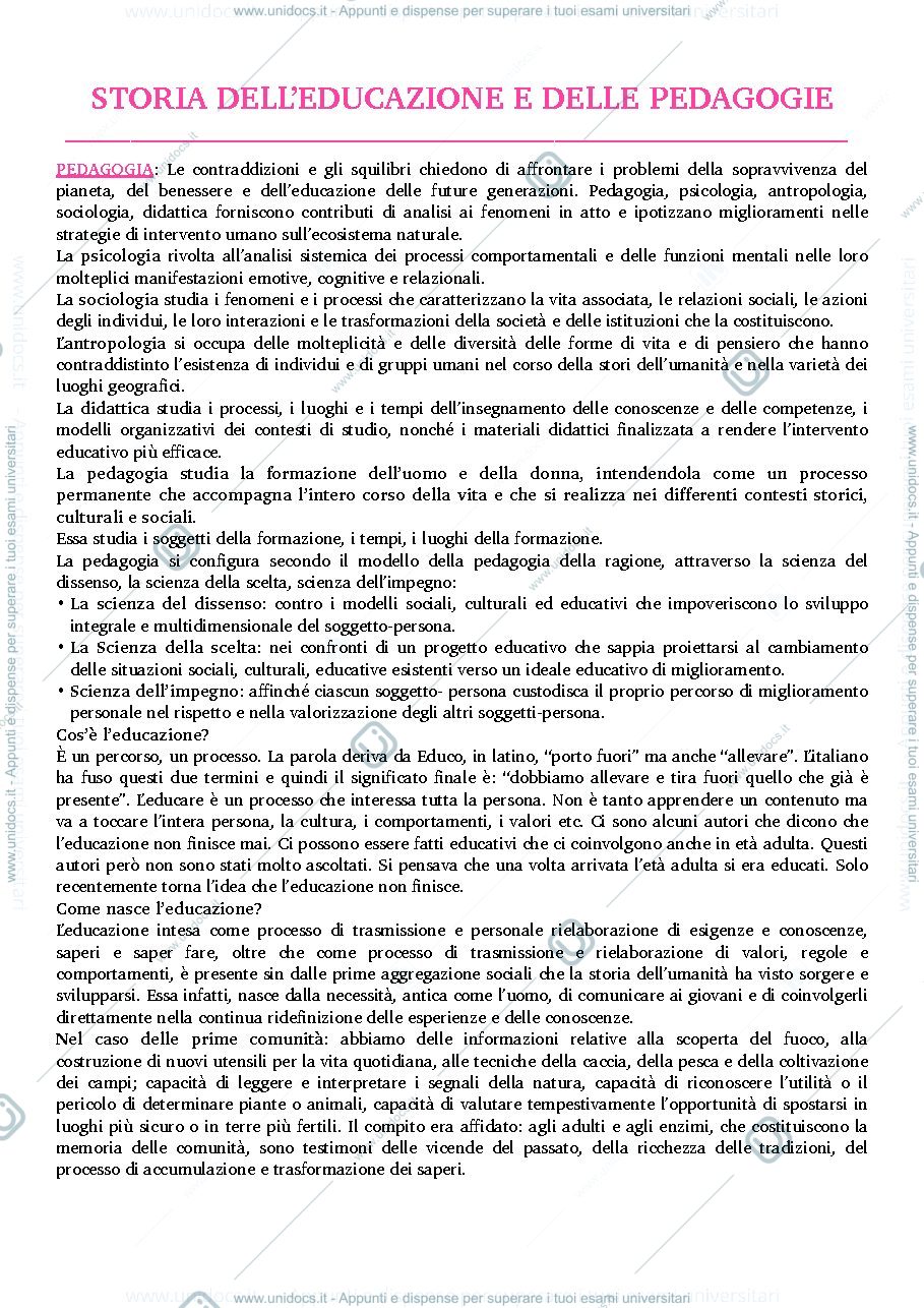 Anteprima pagina 1 — STORIA DELL'EDUCAZIONE E DELLE PEDAGOGIE
