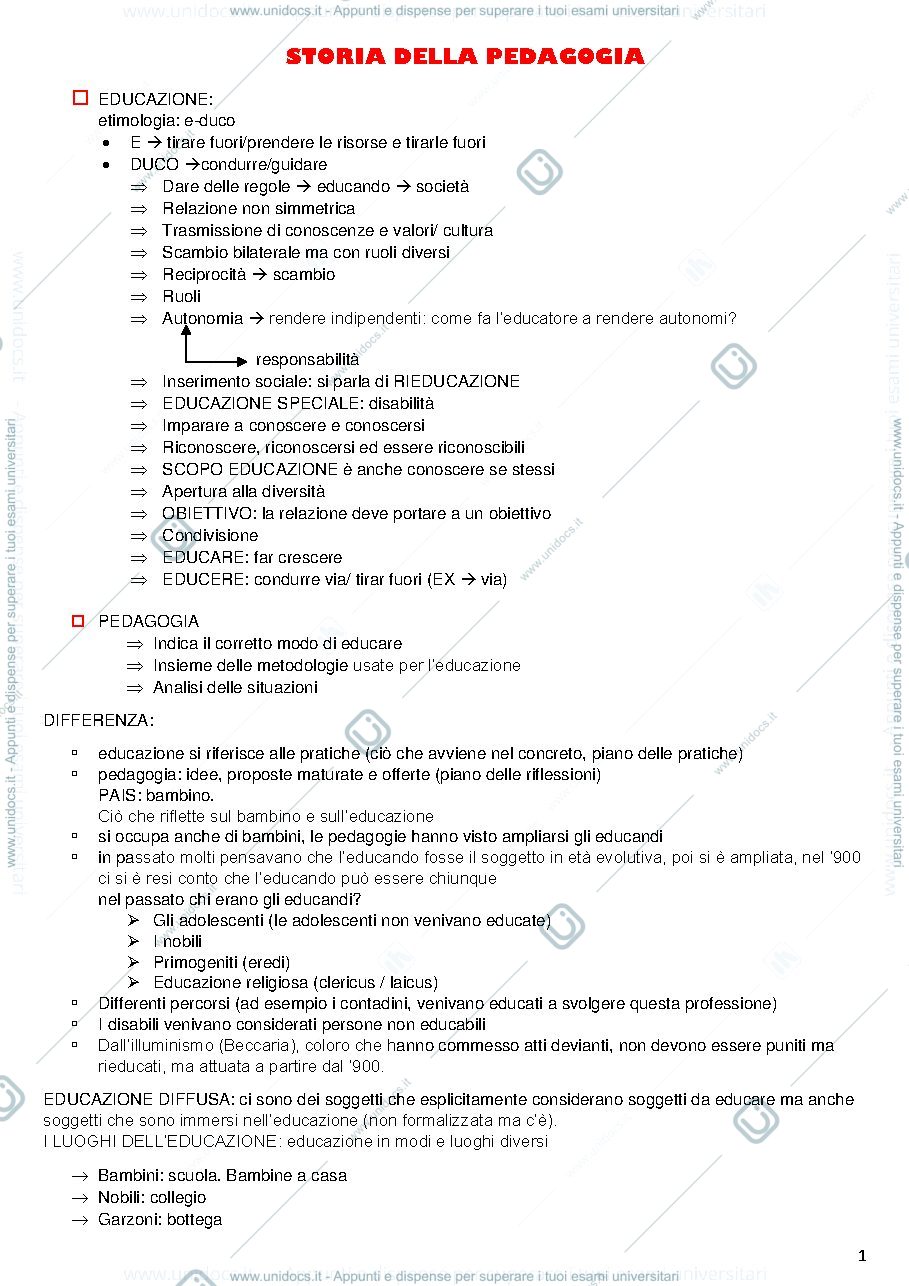 Anteprima pagina 1 — appunti storia della pedagogia anno accademico 2019/2020