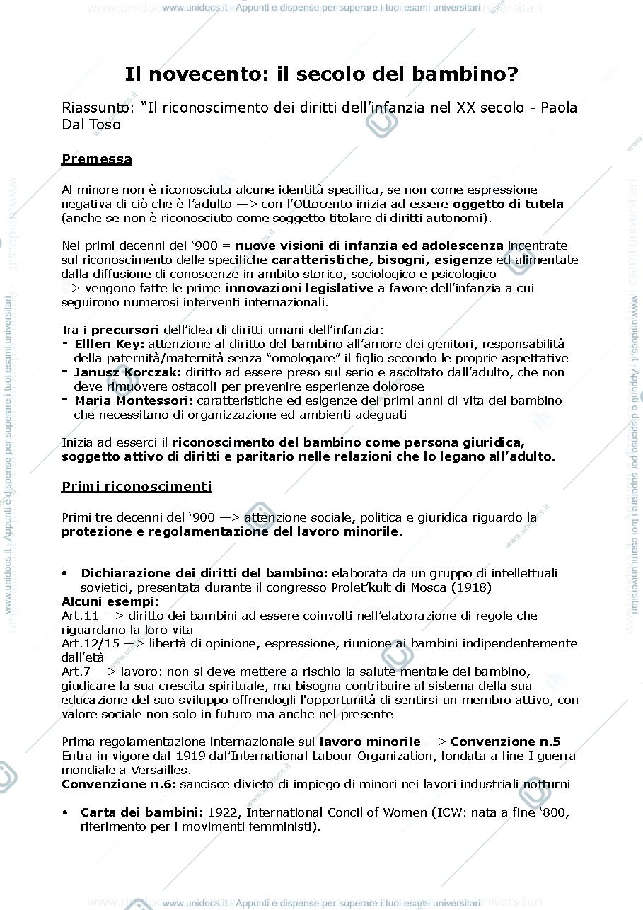 Anteprima pagina 1 — Il novecento: il secolo del bambino?