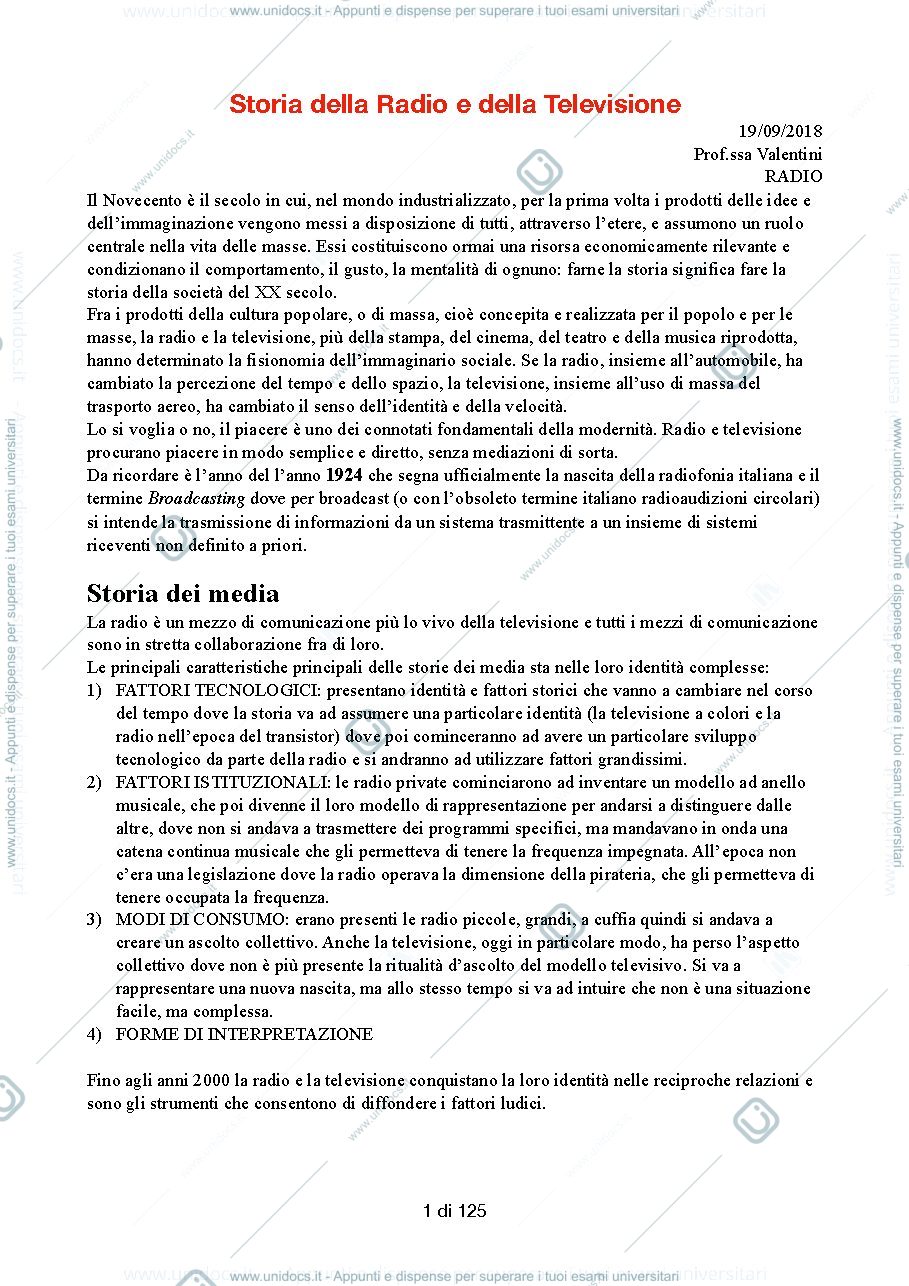 Anteprima pagina 1 — Storia della Radio e della Televisione