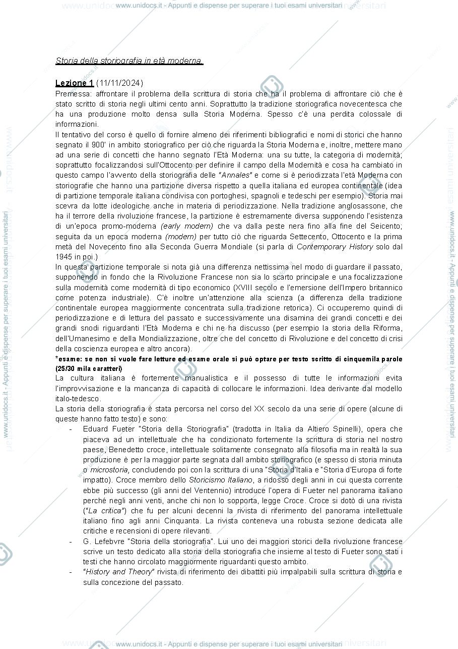 Anteprima pagina 1 — Appunti lezioni storia della storiografia in età moderna.