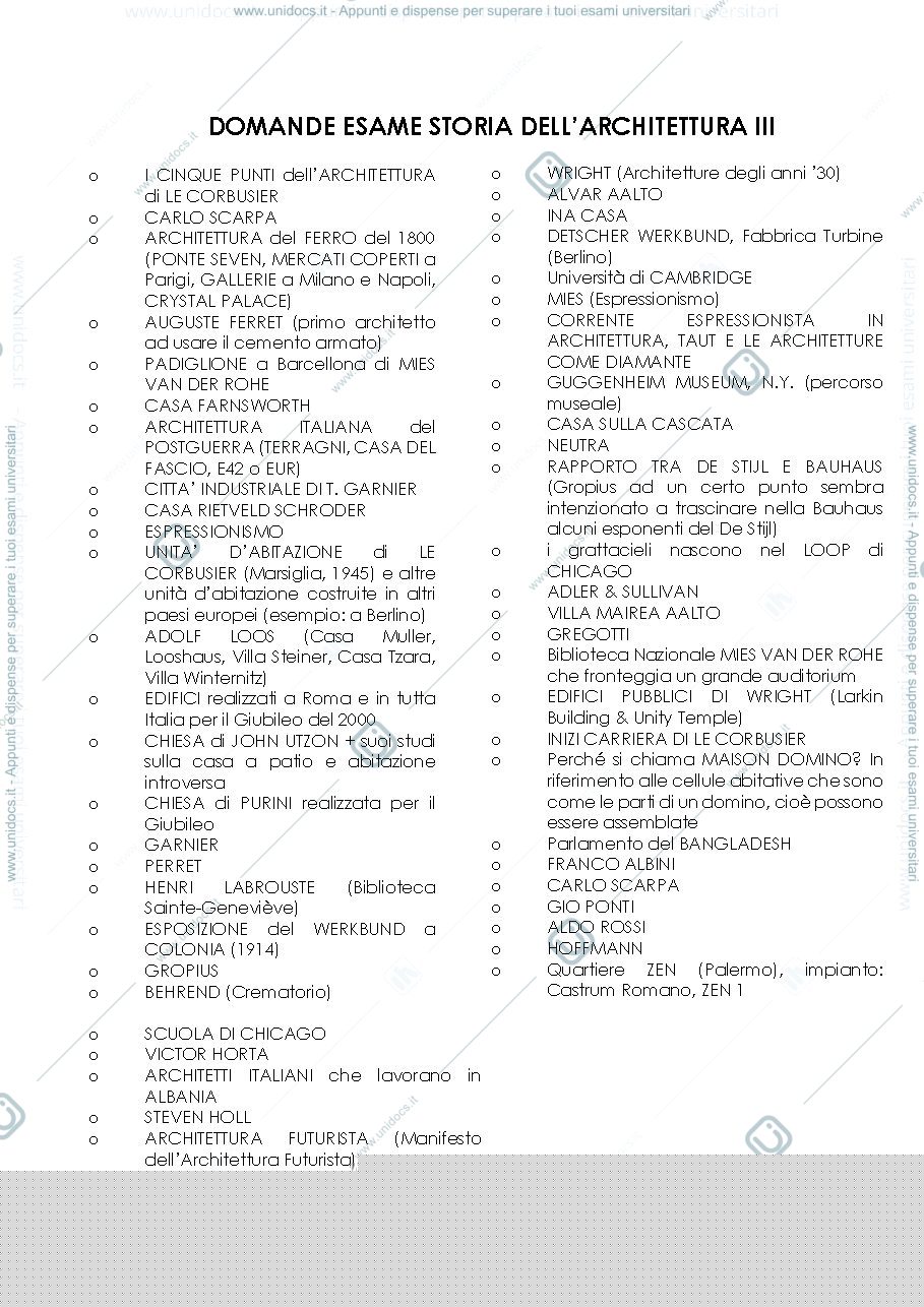Anteprima pagina 1 — Domande Esame Storia dell'Architettura III