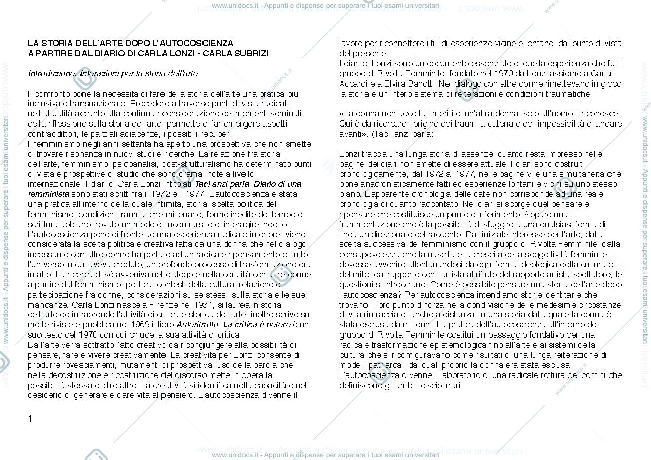 Anteprima pagina 1 — La storia dell'arte dopo l'autocoscienza. A partire dal diario di Carla Lonzi