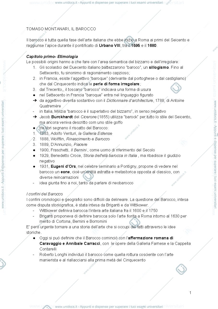 Anteprima pagina 1 — Riassunto del libro "Il Barocco" Tomaso Montanari