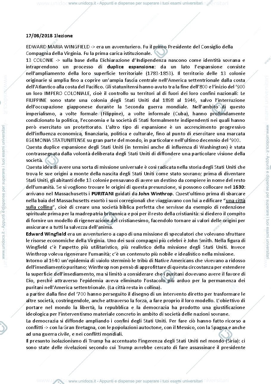 Anteprima pagina 1 — Riassunto storia delle Americhe 