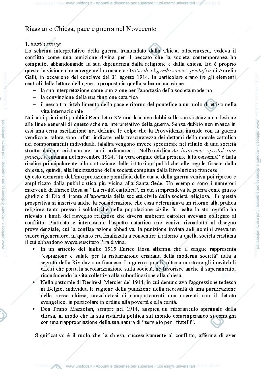 Anteprima pagina 1 — Riassunto Chiesa, pace e guerra nel Novecento