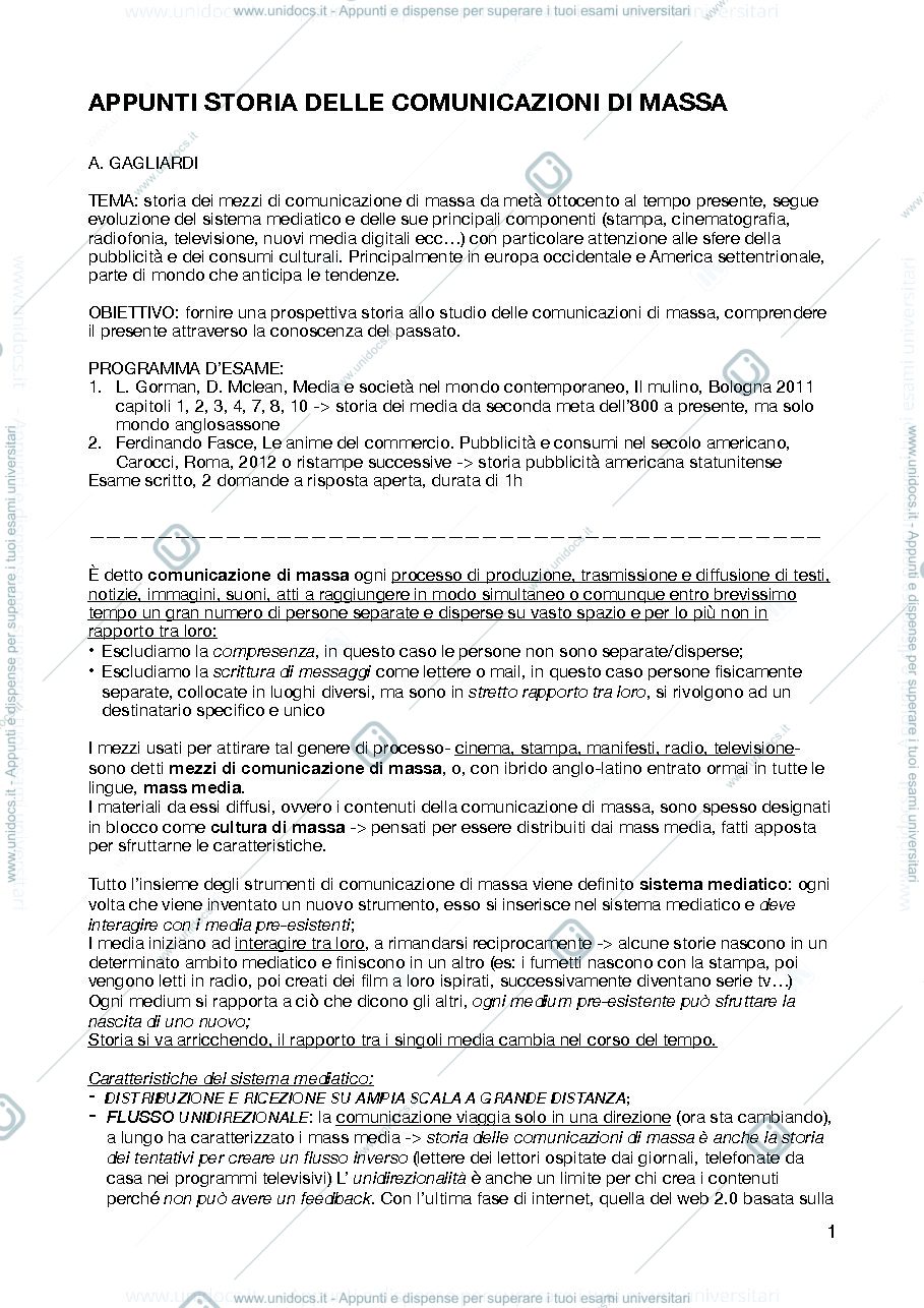 Anteprima pagina 1 — Appunti storia delle comunicazioni di massa