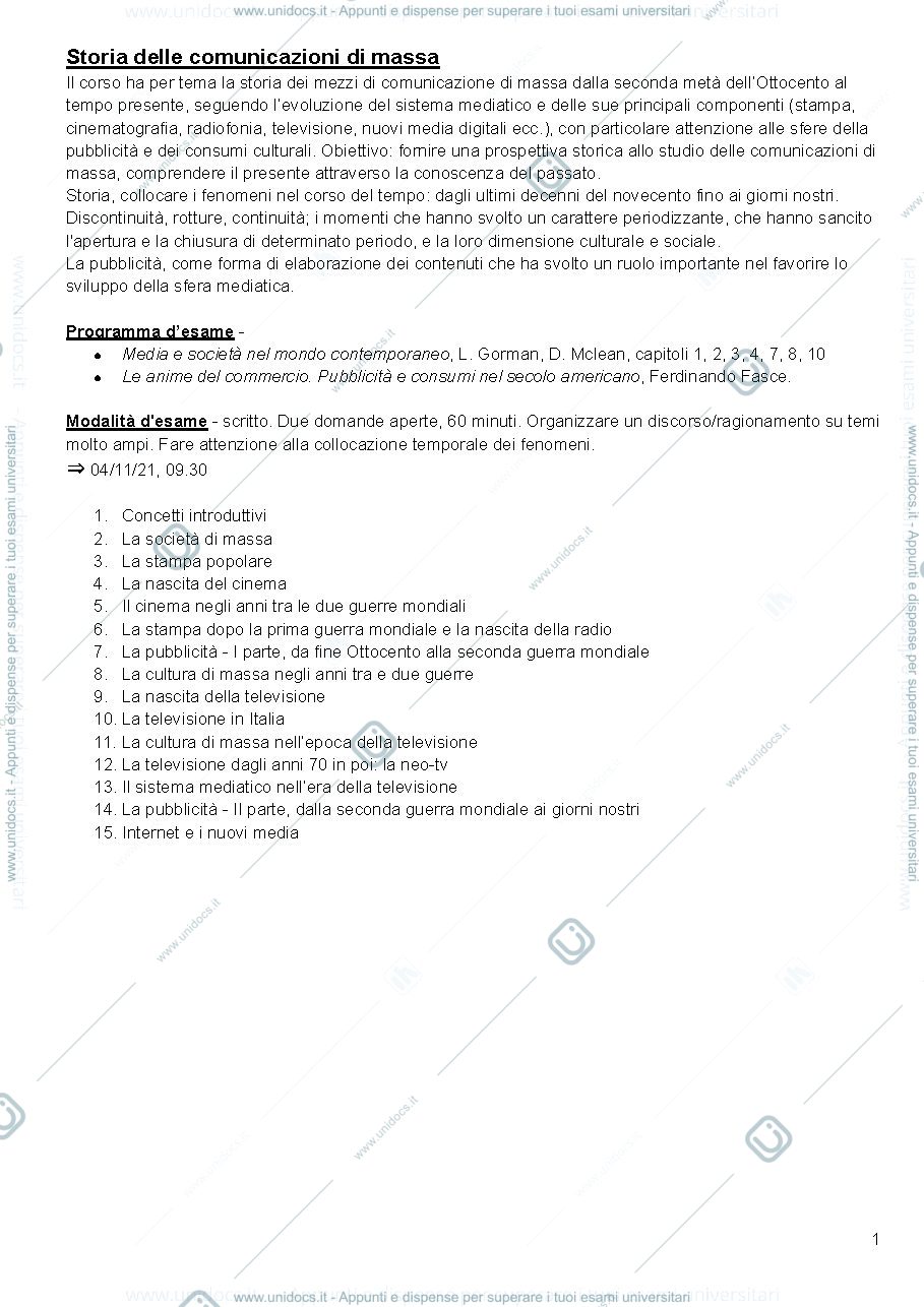 Anteprima pagina 1 — storia delle comunicazioni di massa