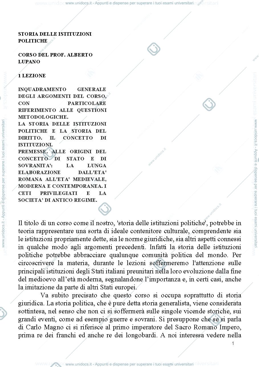 Anteprima pagina 1 — Appunti storia delle istituzioni politiche