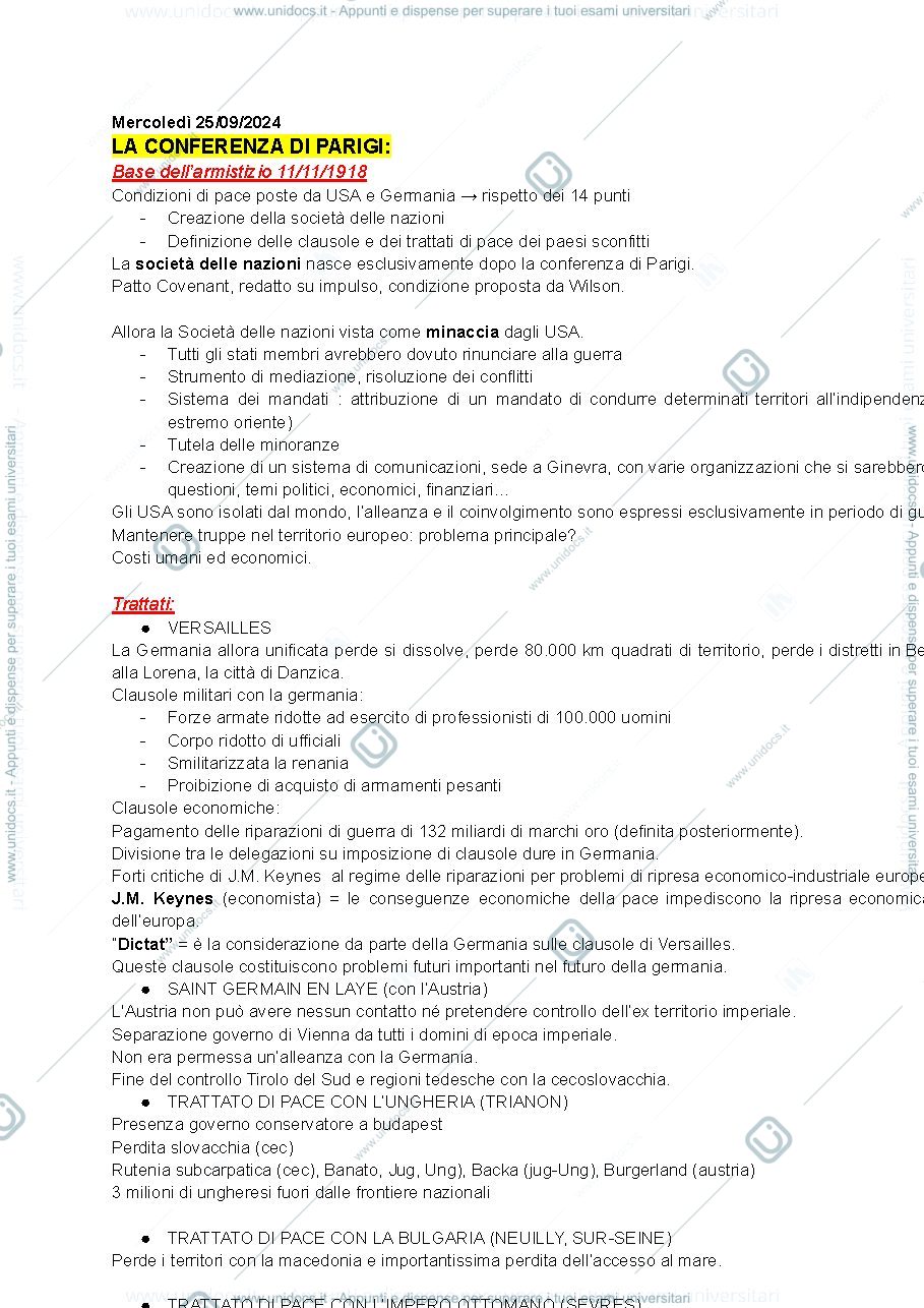 Anteprima pagina 1 — Appunti di Storia delle Relazioni Internazionali