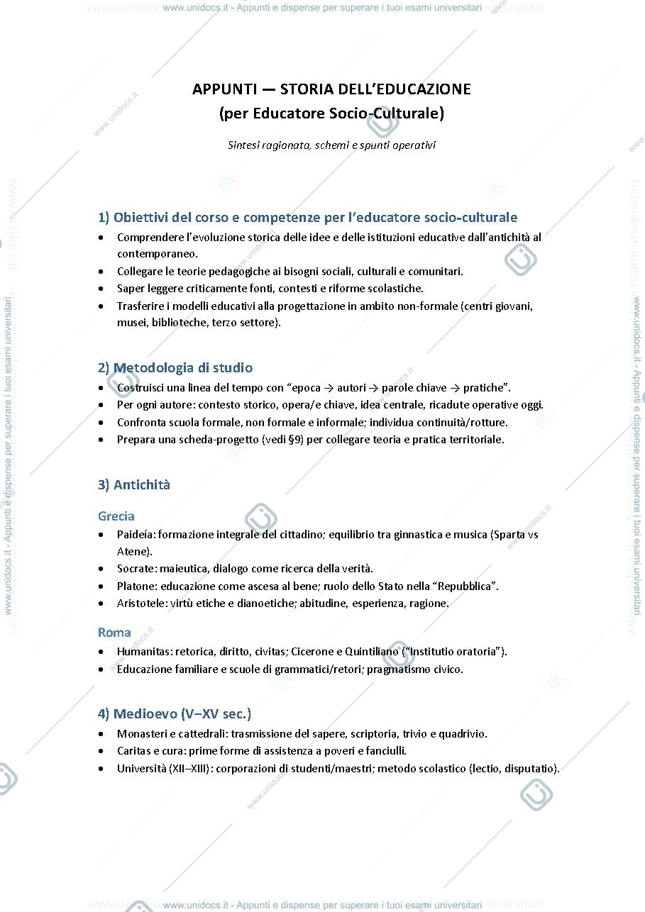 Anteprima pagina 1 — Storia dell'educazione sintesi