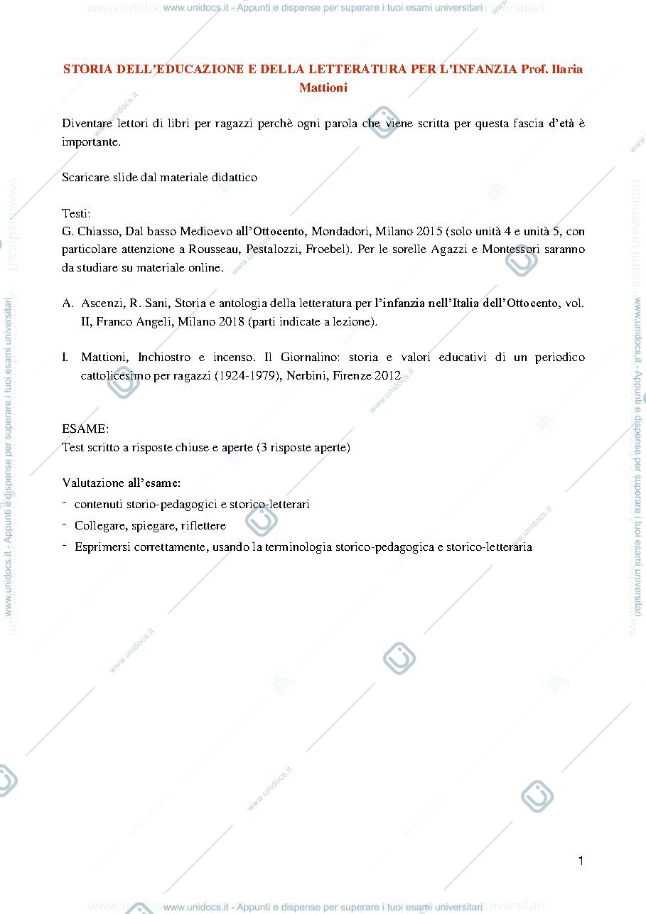 Anteprima pagina 1 — APPUNTI STORIA E LETTERATURA PER L'INFANZIA