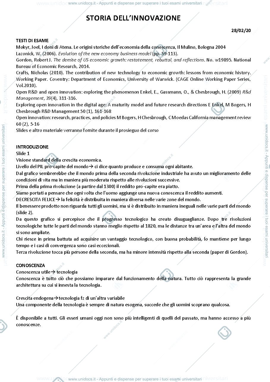 Anteprima pagina 1 — appunti storia dell'innovazione