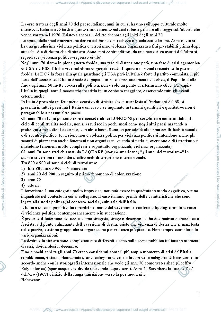 Anteprima pagina 1 — Appunti del corso Storia dell'Italia contemporanea - Prof.ssa Galfrè