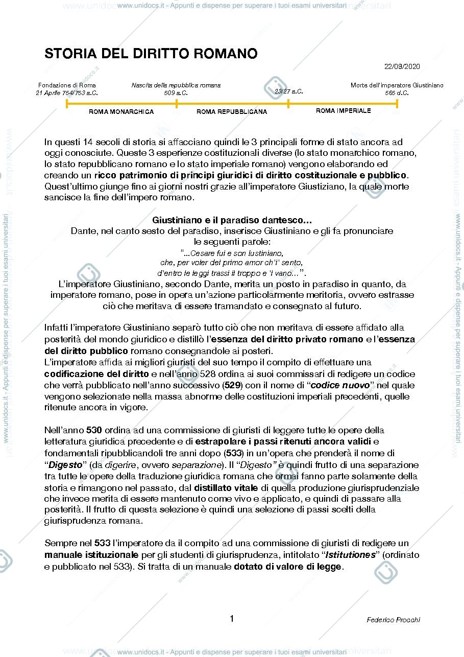 Anteprima pagina 1 — Storia del diritto romano, appunti presi a lezione