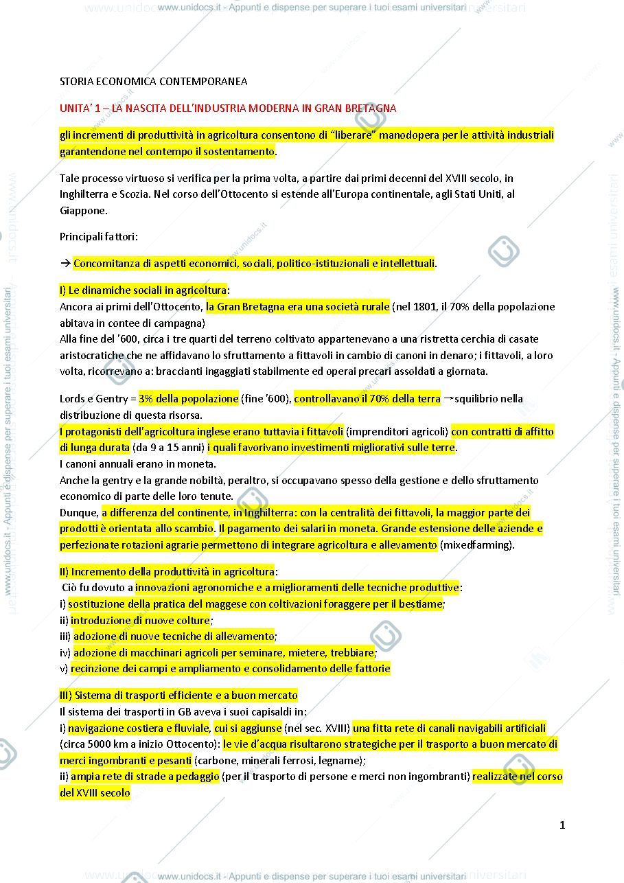 Anteprima pagina 1 — storia economica contemporanea appunti