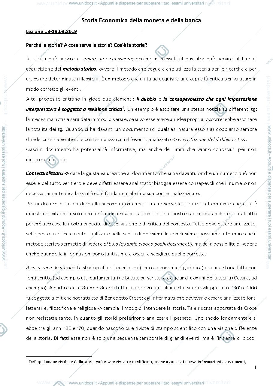 Anteprima pagina 1 — Appunti lezione, Storia economica della moneta e della banca 2019-2020