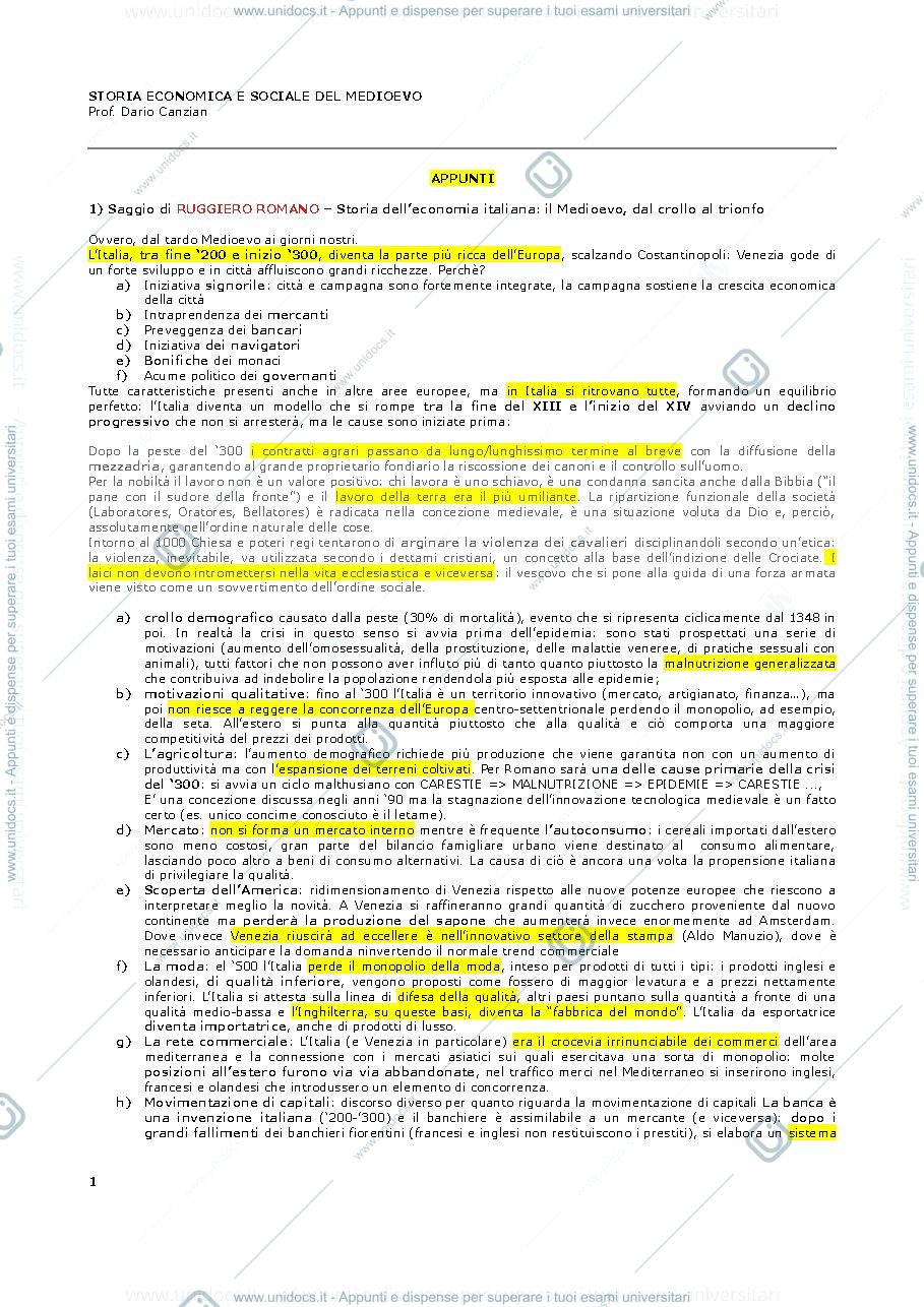 Anteprima pagina 1 — Storia Economica e sociale nel medioevo 