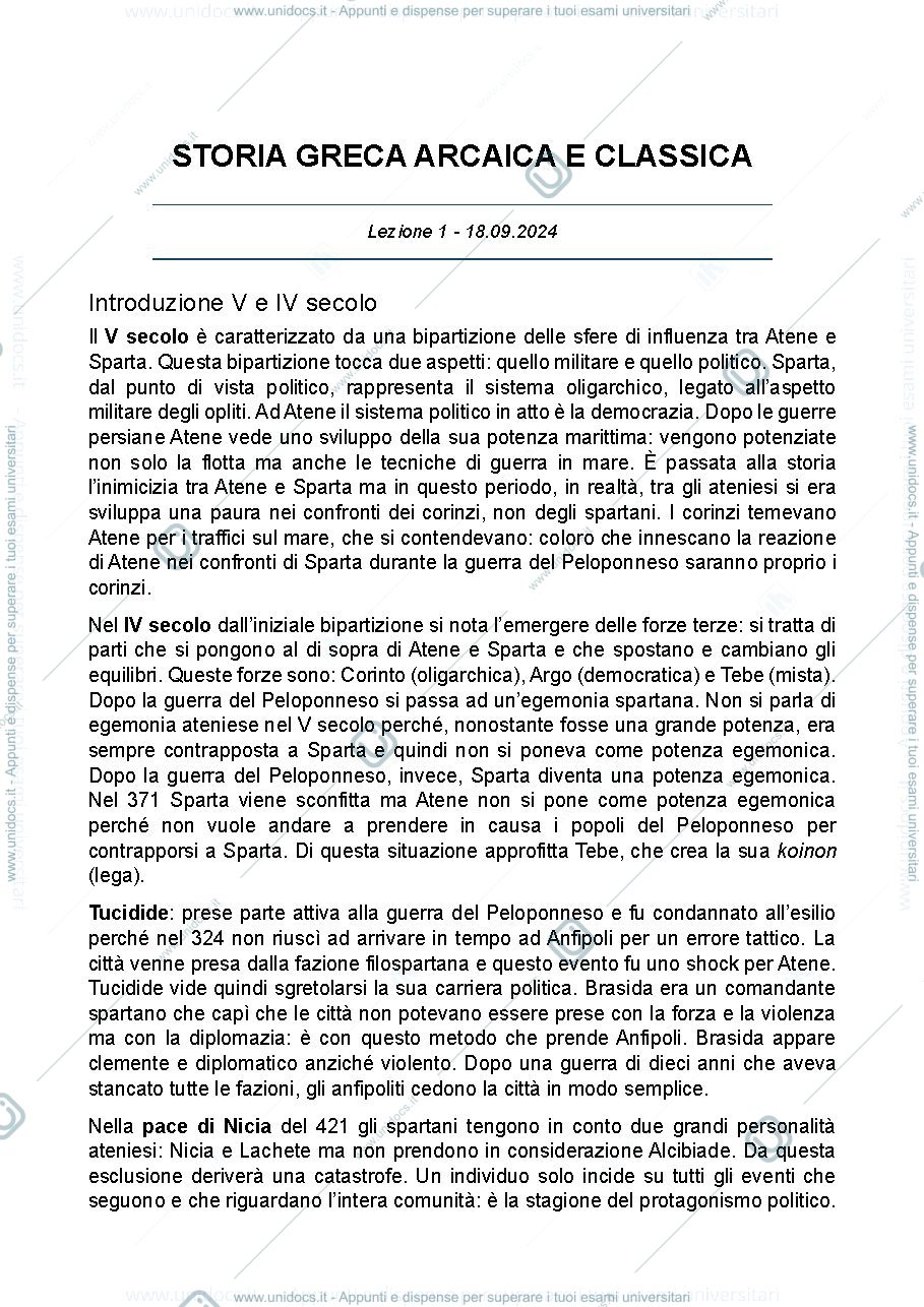 Anteprima pagina 1 — Appunti Storia Greca Arcaica e Classica a.a. 24/25