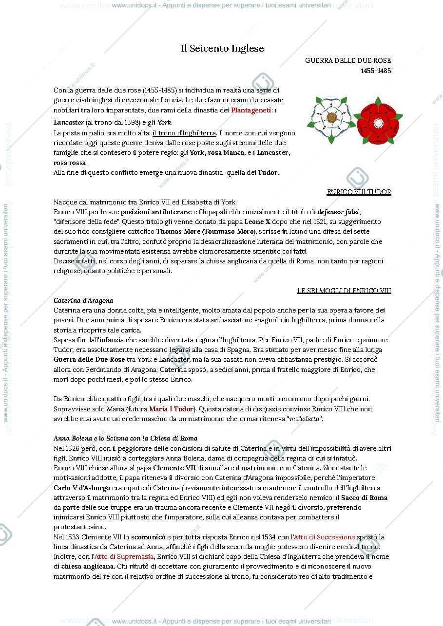 Anteprima pagina 1 — IL Seicento Inglese - APPUNTI LEZIONE