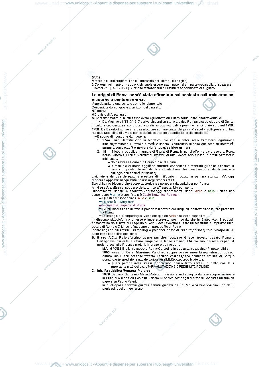 Anteprima pagina 1 — Appunti di storia romana di zecchini con integrato libro "storia romana: dalle origini alla tarda antichità" e res gestae