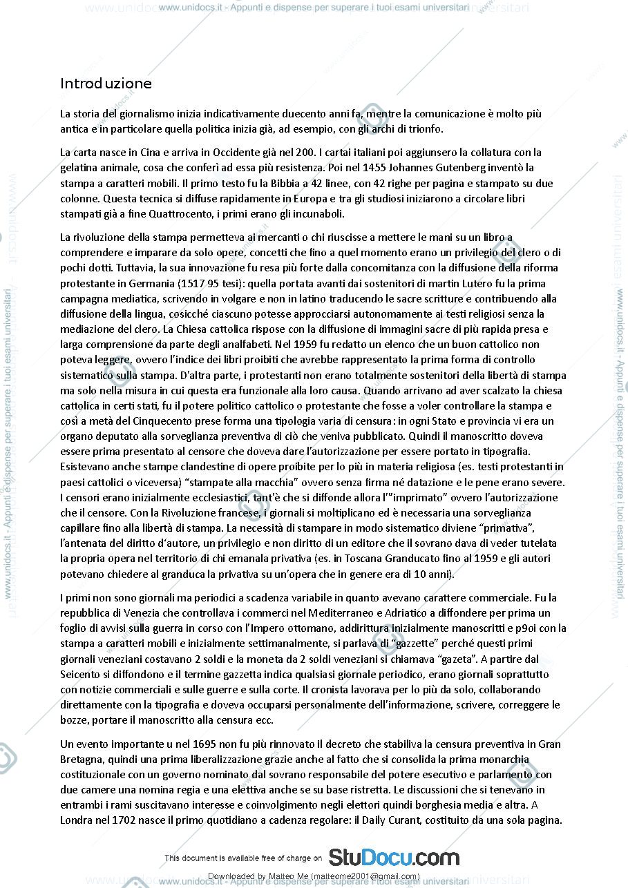 Anteprima pagina 2 — Storia del Giornalismo - Riassunto