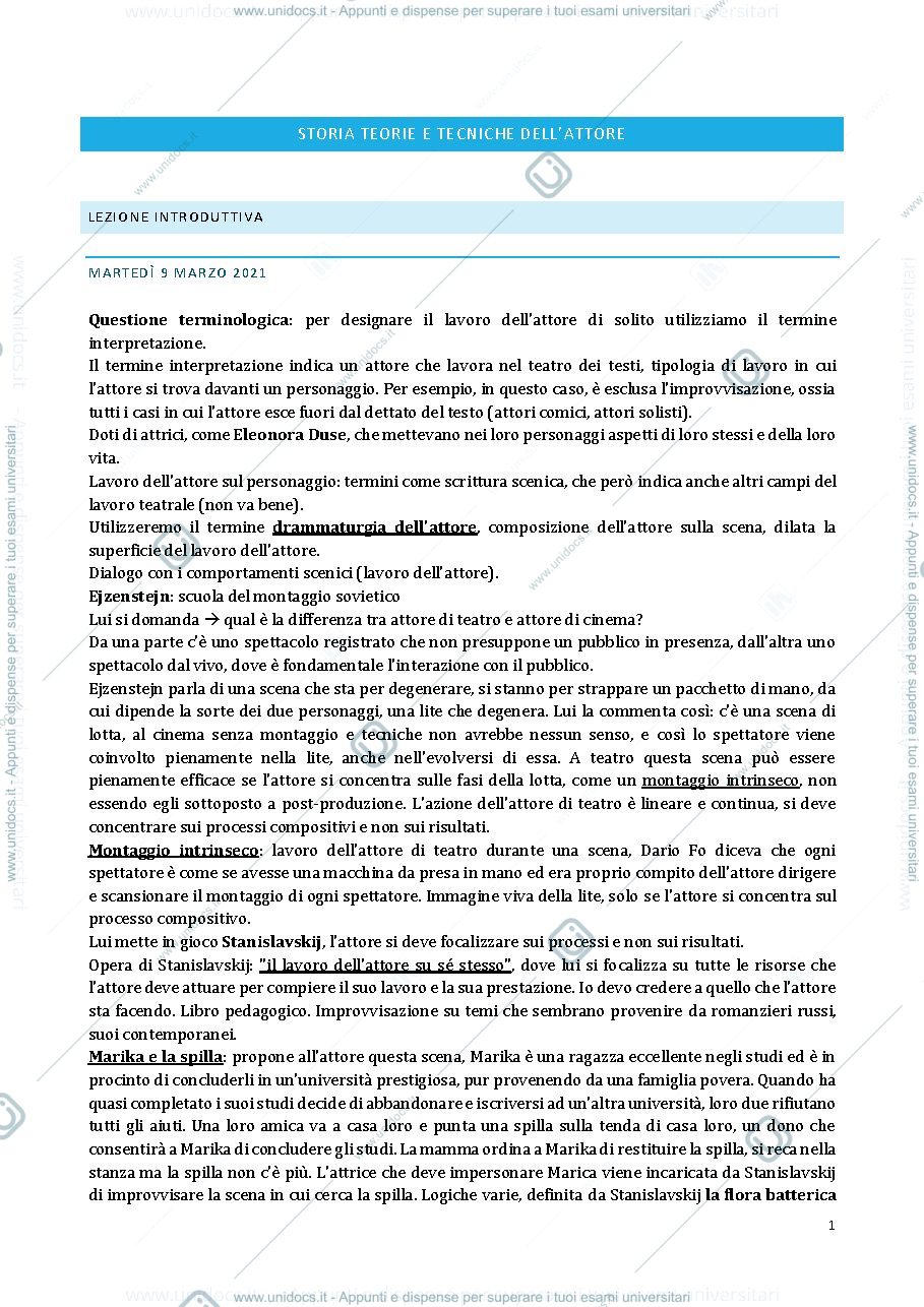 Anteprima pagina 1 — appunti storia, teorie e tecniche dell'attore 