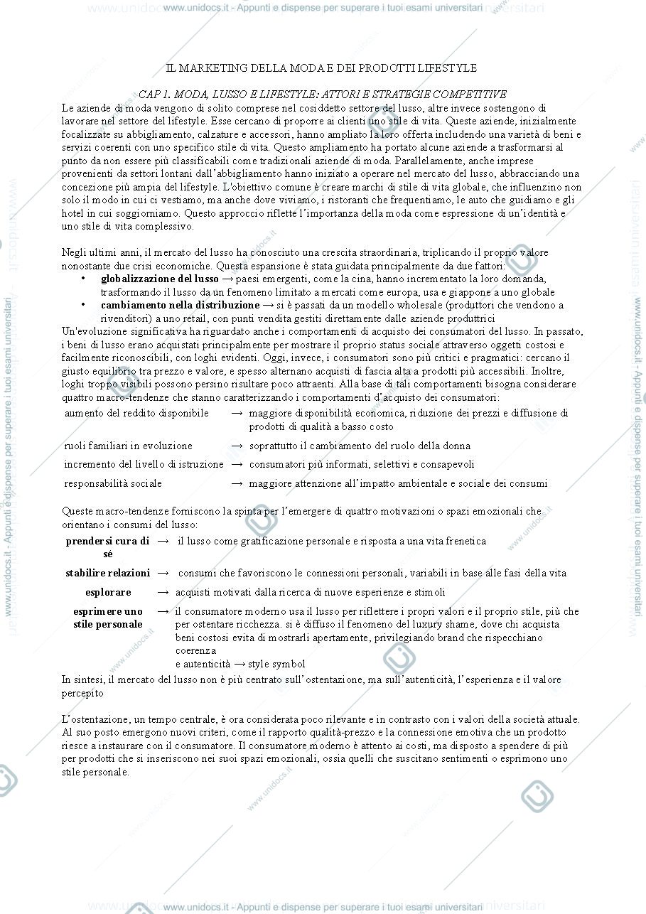 Anteprima pagina 1 — Riassunto libro --> Marketing della moda e dei prodotti lifestyle