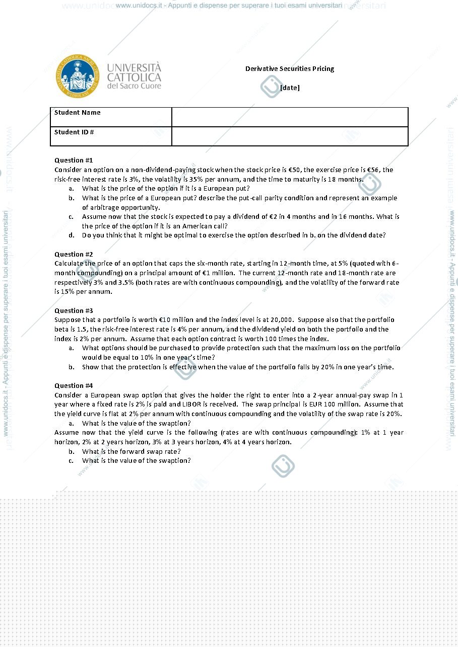 Anteprima pagina 1 — Mock exam Strumenti derivati avanzato