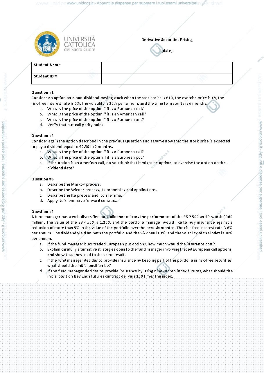 Anteprima pagina 1 — Mock Exam Strumenti derivati avanzato