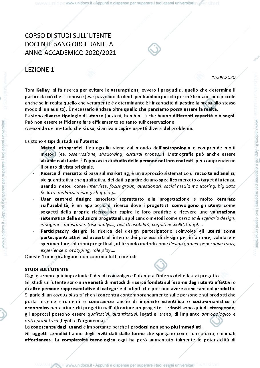Anteprima pagina 1 — Appunti integrali di studi sull'utente con testimonianze