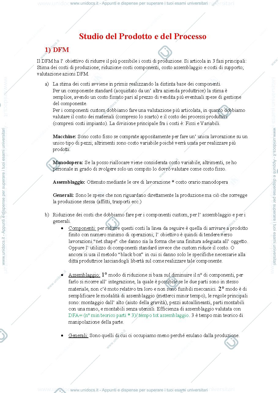 Anteprima pagina 1 — Riassunti Studio del Prodotto e del Processo