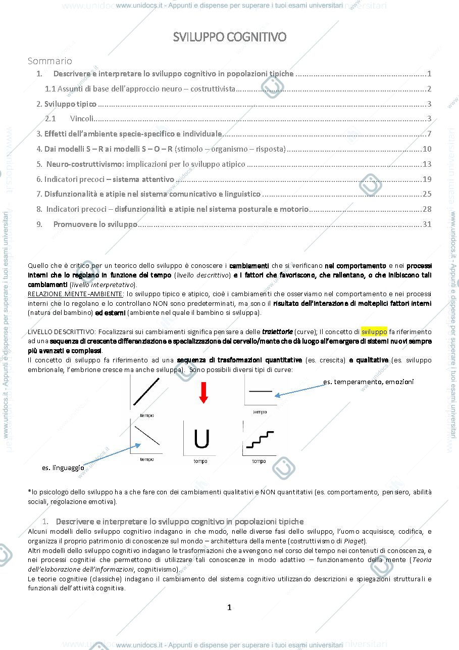 Anteprima pagina 1 — appunti sviluppo cognitivo