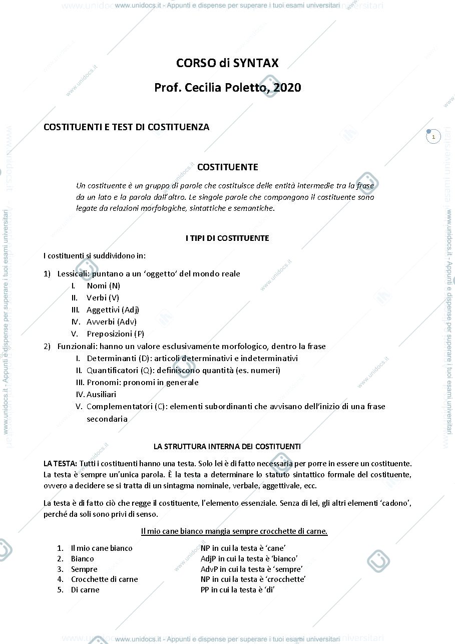 Anteprima pagina 1 — Appunti Syntax Sintassi